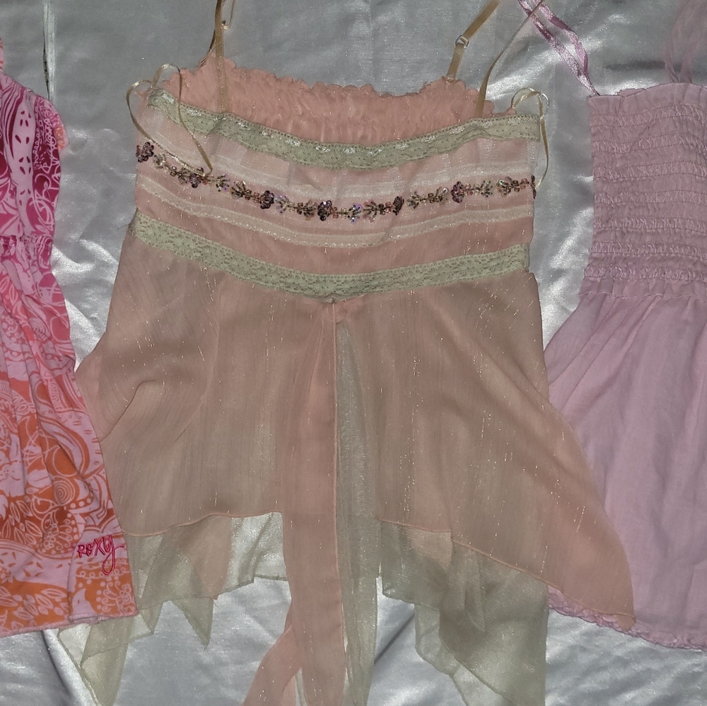 Y2K 3 Fairy Grunge Hime Gyaru inspired Cami Tops, ROXY,Pink Floaty String Straps - Picture 4 of 9